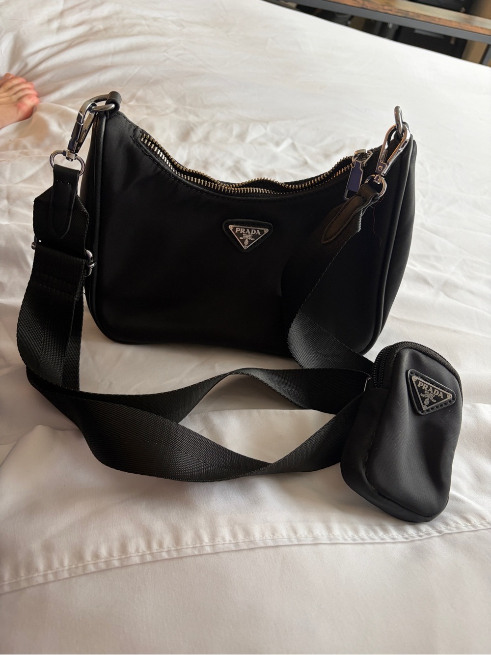Black Nylon Shoulder Bag with Removable Strap and Pouch